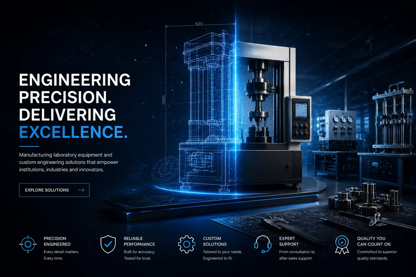 Precision laboratory testing equipment with engineering blueprint overlay